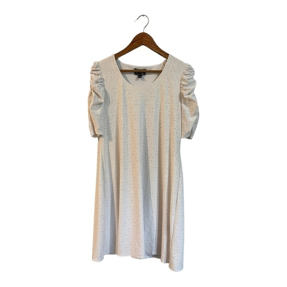 Everlily White Eyelet Dress Ruched Sleeves Size Large Shift Minimalist L - Picture 1 of 4